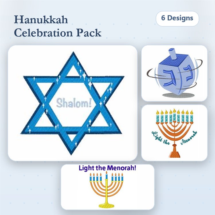 Hanukkah Celebration Embroidery Designs Bundle – Star of David with Shalom, Menorah with Lights, Dreidel & More (6 Designs)