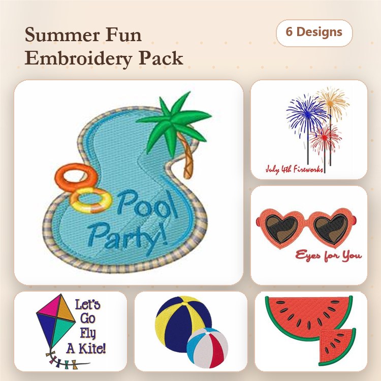 Summer Party Embroidery Designs Bundle – Pool Party, Fireworks, Heart Sunglasses & More (6 Designs)