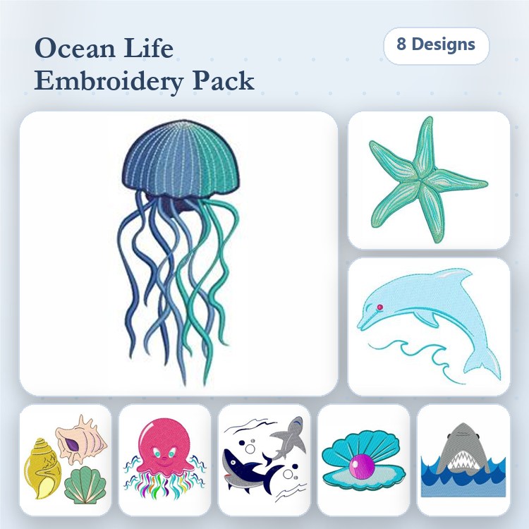 Ocean Life Embroidery Designs Bundle – Jellyfish, Dolphin, Octopus, Starfish & More (8 Designs)