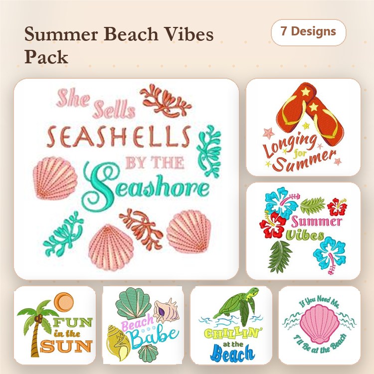 Beach-Themed Phrases Embroidery Bundle – She Sells Seashells, Summer Vibes, Fun in the Sun & More (17 Designs)
