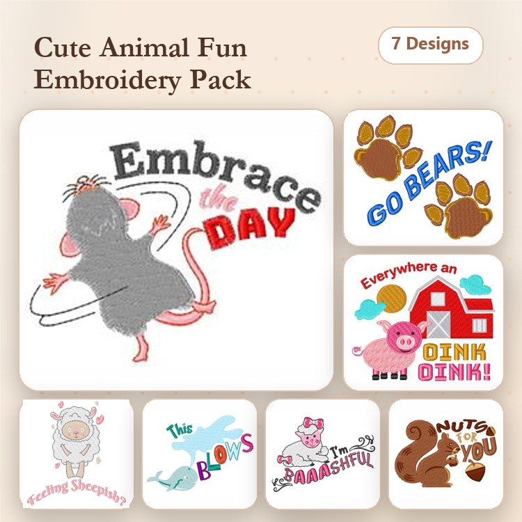 Cute Animal Embroidery Bundle – Embrace the Day, Go Bears, Oink Oink & More (20 Designs)