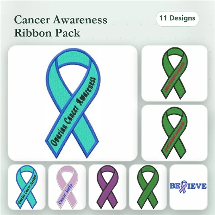 Disease Awareness Ribbon Embroidery Bundle – Turquoise, Green, Purple & Believe Ribbon (20 Designs)