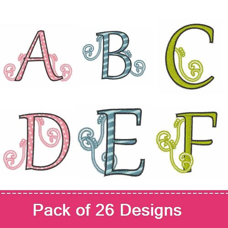 Decorative Letters Embroidery Designs Bundle – A with Swirl, B with Swirl, C with Swirl & More (26 Designs)