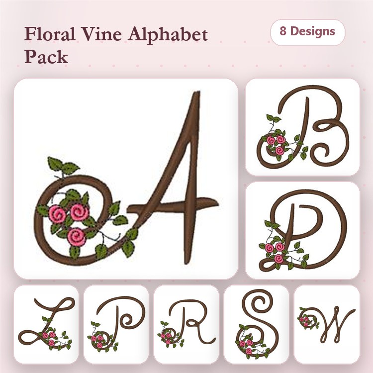 Floral Vine Alphabet Embroidery Designs Bundle – A with Floral Vine, B with Floral Vine, D with Floral Vine & More (8 Designs)
