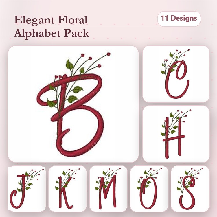 Elegant Floral Alphabet Embroidery Bundle – B with Flowers, C with Flowers, H with Flowers & More (26 Designs)