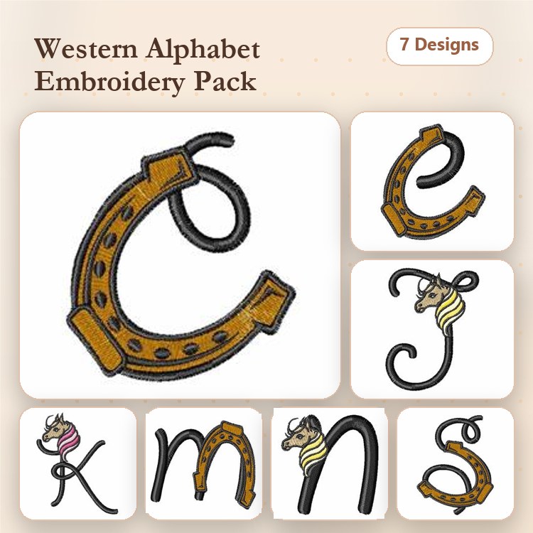 Western Style Alphabet Embroidery Designs Bundle – C Letter with Horseshoe, E Letter, J Letter & More (7 Designs)