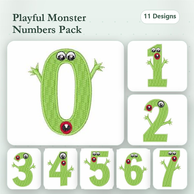 Applique Playful Monster Numbers Embroidery Designs Bundle – Green Monster Number 0, 1, 2 & More (8 Designs)