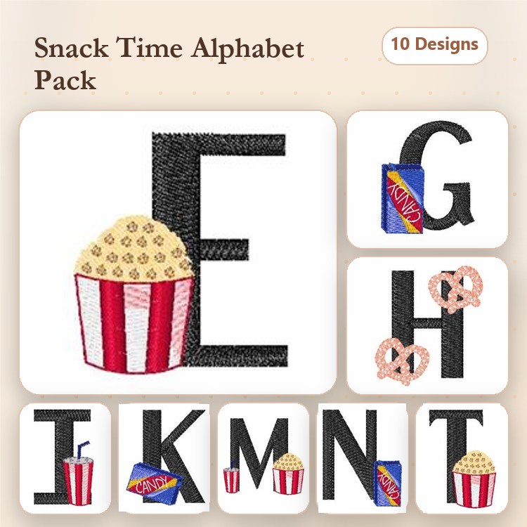 Snack Time Alphabet Embroidery Designs Bundle – E with Popcorn, G with Pretzel, H with Pretzel & More (10 Designs)