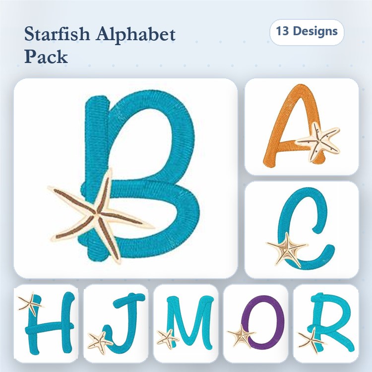 Starfish Alphabet Letters Embroidery Bundle – Letter A, B with Starfish, C, H, J & More (13 Designs)