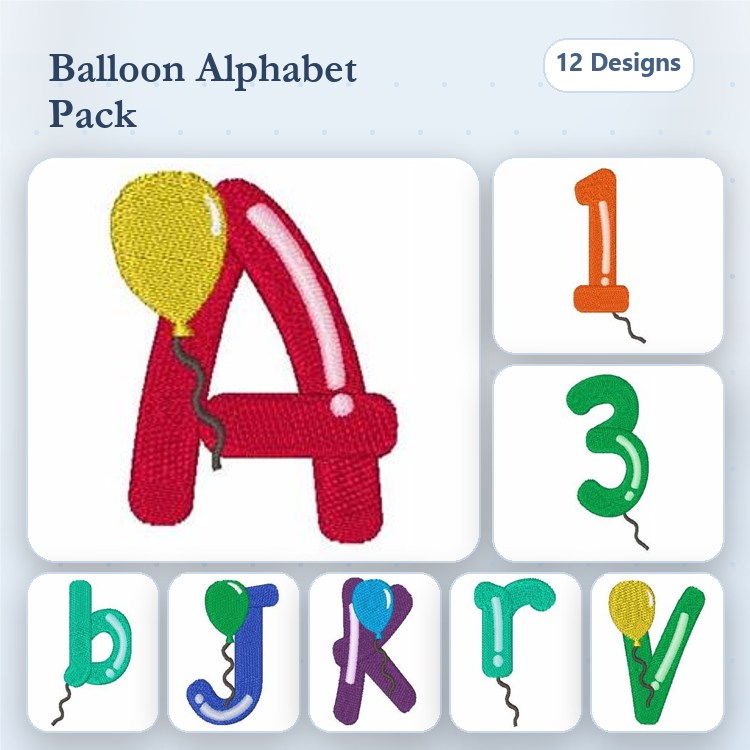 Balloon Alphabet Letters Embroidery Designs Bundle – Balloon A, Balloon 1, Balloon 3 & More (12 Designs)