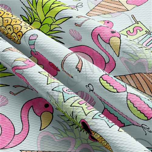 Summer Flamingo Printed Liverpool Bullet Textured Stretch Solid Strip Thick Knit Jersey Fabric