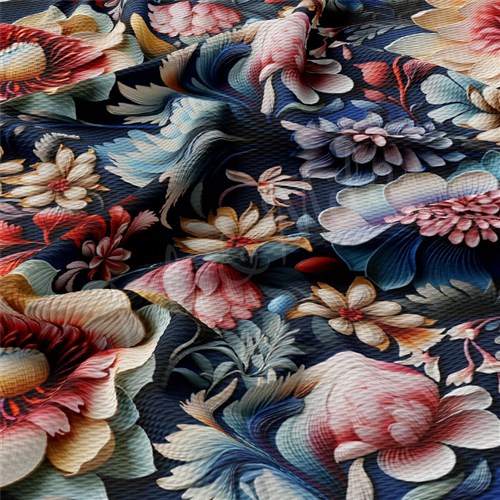 Floral flowers Embroidery Liverpool Bullet Textured Stretch Solid Strip Thick Knit Jersey Fabric