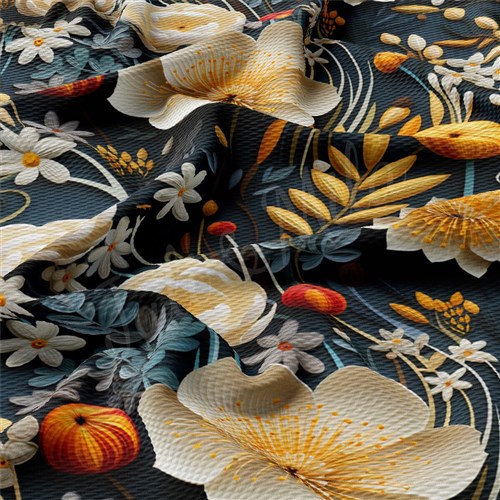 Floral flowers Embroidery Liverpool Bullet Textured Stretch Solid Strip Thick Knit Jersey Fabric