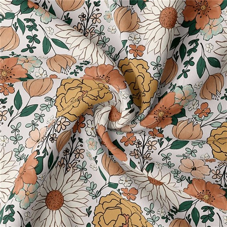 Floral Flowers Double Brushed Polyester Fabric Jersey Stretchy Soft Polyester Stretch Fabric