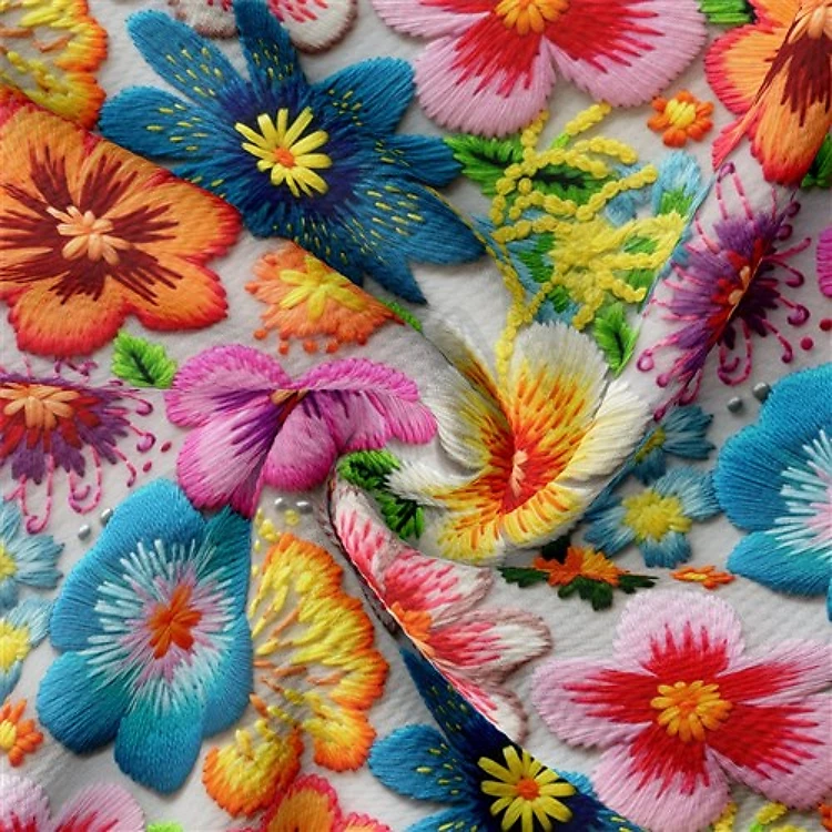 Floral flowers Embroidery Liverpool Bullet Textured Stretch Solid Strip Thick Knit Jersey Fabric