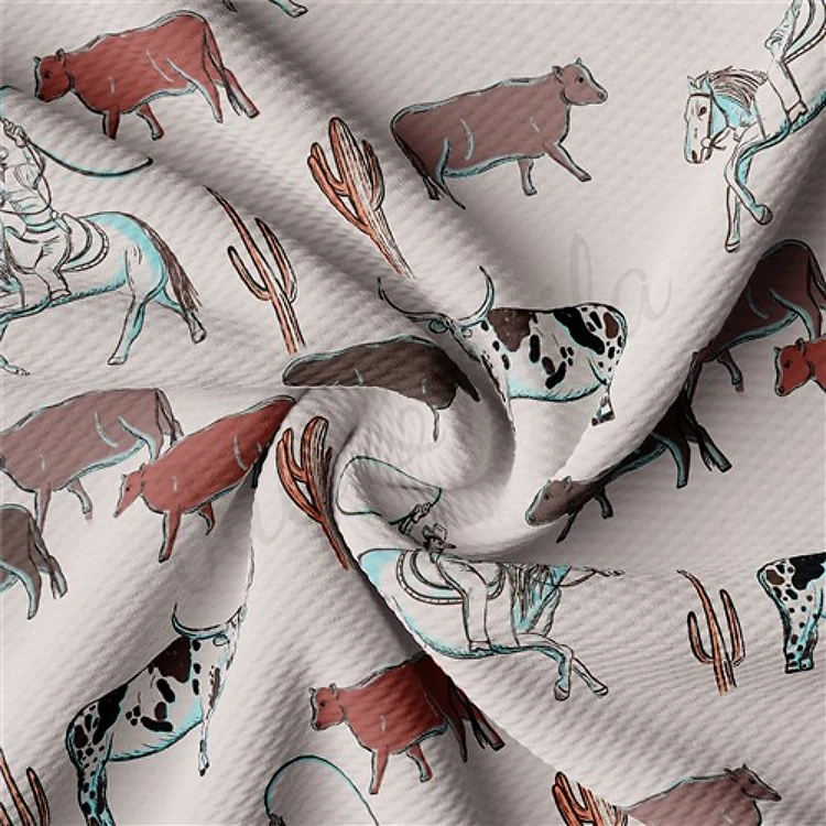 Boho Cow Animals Printed Liverpool Bullet Textured Stretch Solid Strip Thick Knit Jersey Fabric