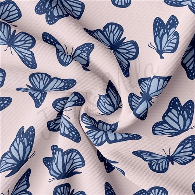 Butterflies Printed Liverpool Bullet Textured Stretch Solid Strip Thick Knit Jersey Fabric