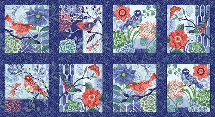 Bella Blue Birds Flowers and Songbirds Blocks Panel & Get a Free $89.99 Embroidery Bundle