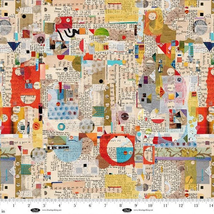 Spread The Word Newspaper with Abstract Shapes Parchment Kathryn Kramer Waters Blank Quilting Cotton Fabric BQ-4197-41
