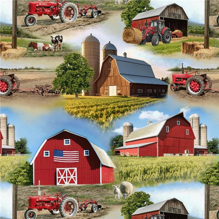 Farmall Farm Scenic Barns Tractors AE Nathan Cotton Fabric AEN-2868-86