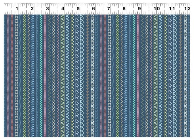 Secret Life of Squirrels IV Embroidery Stripes Dark Denim Blue Nancy Rose Clothworks Cotton Fabric CLT-Y4901-89