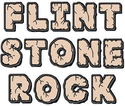 Playful decorative embroidery font showcasing rugged, cracked letters spelling 'FLINT STONE ROCK' with a cartoonish flair.