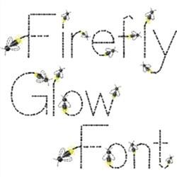 Whimsical decorative embroidery font featuring dotted outline with 'Firefly Glow Font' text and illustrated fireflies.