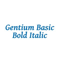 Elegant cursive script displays 'Gentium Basic Bold Italic' in a bold, flowing style, perfect for embroidery projects.