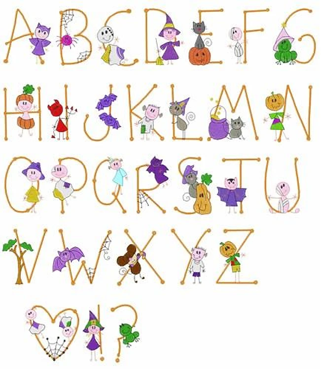 Stick Halloween Alphabet Embrilliance Embroidery Font - Playful Decorative Halloween Lettering - BX font