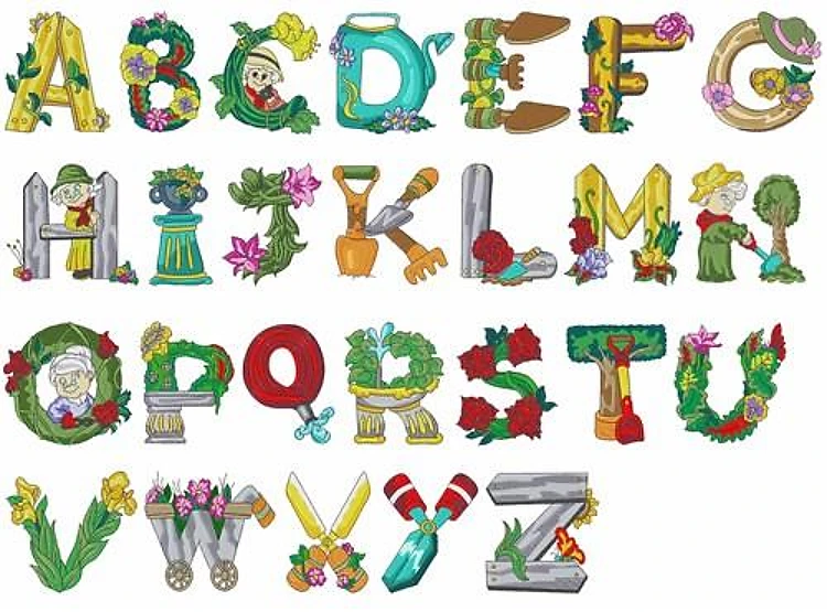 Gardening Alphabet Embrilliance Embroidery Font - Decorative Gardening Theme - BX font