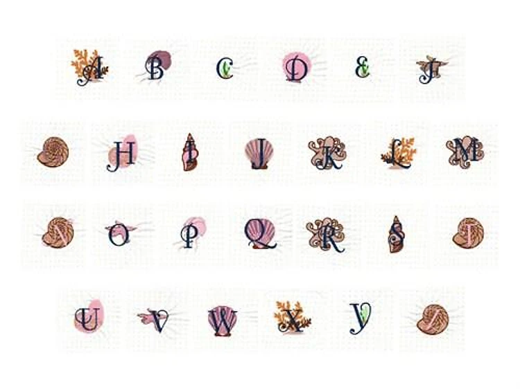 Seashore Monogram Alphabet Embroidery Font - Decorative Monogram with Nautical Style - PES, DST & 6 formats