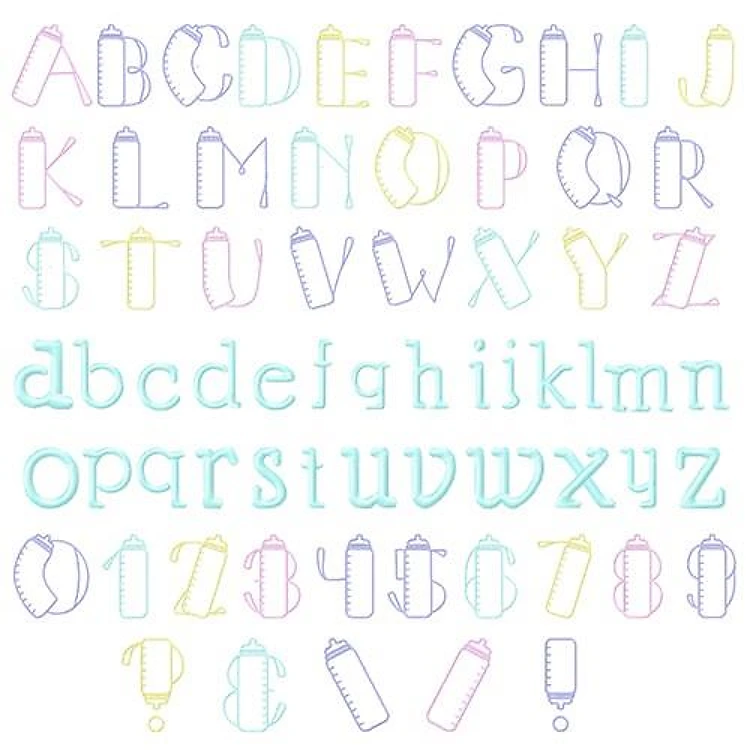Baby Bottle Alphabet Embroidery Font - Playful Decorative Design - PES, DST & 6 formats