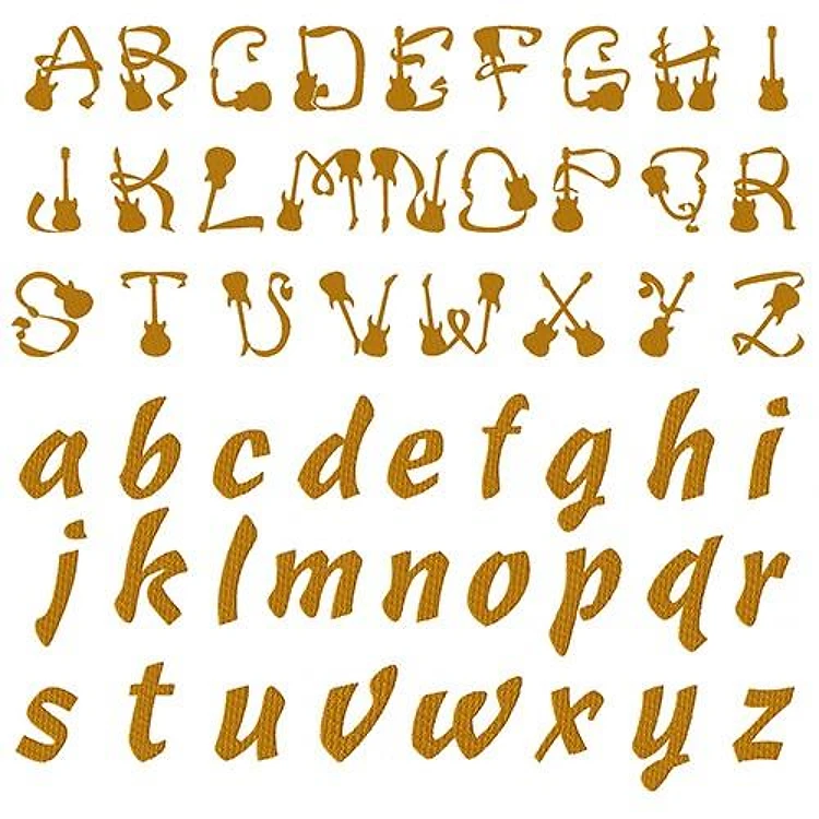 Guitar Alphabet Embroidery Font - Decorative Handwriting Style - Home Format - PES, DST & 6 formats