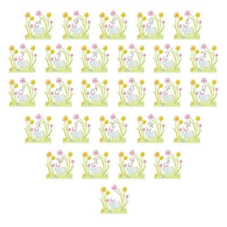 Easter Bunny Monograms Embroidery Font - Whimsical Bunny Motifs with Colorful Flowers - PES, DST & 6 formats