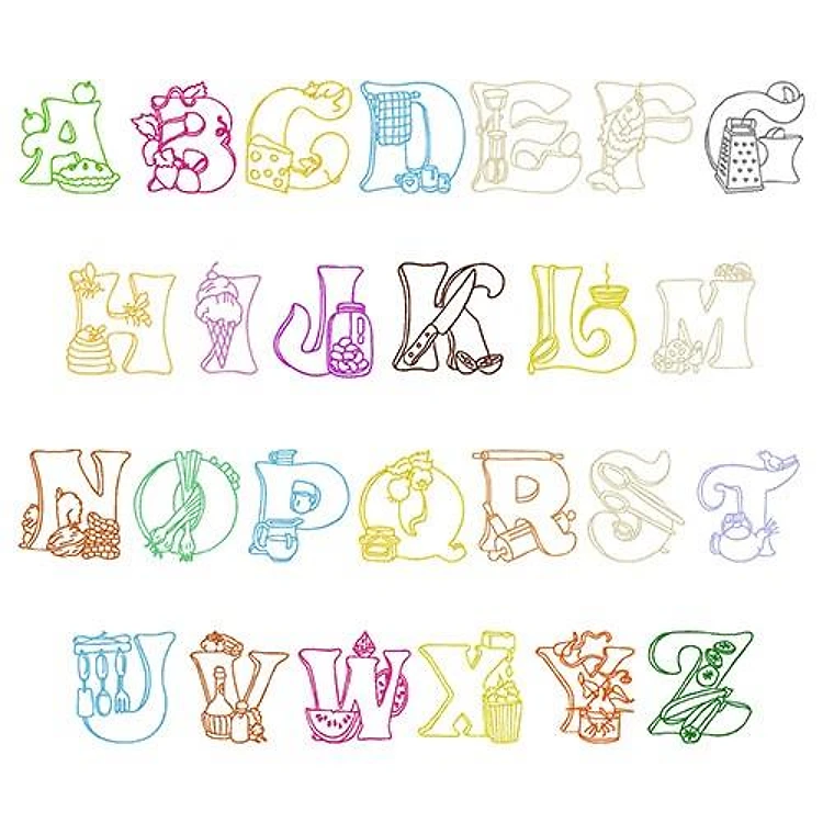 Kitchen Kapers Alphabet Embroidery Font - Decorative Outline Lettering - Home Format - PES, DST & 6 formats
