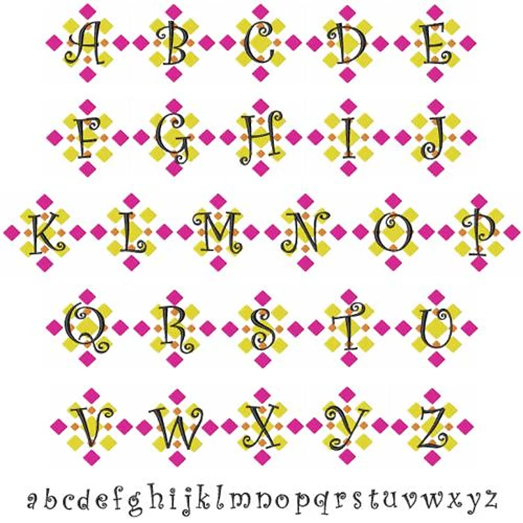 Diamond Alphabet Embroidery Font - Decorative Script with Whimsical Accents - Home Format - PES, DST & 11 formats