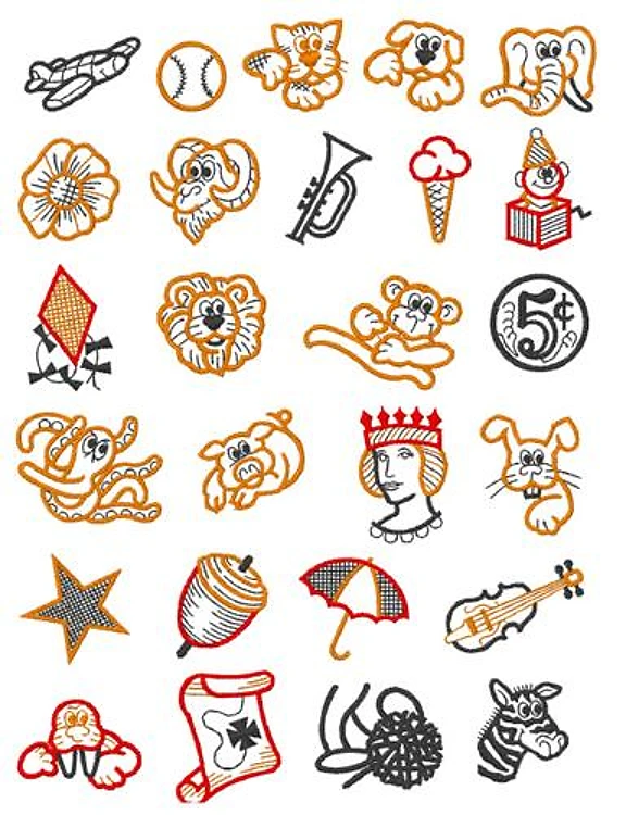Kiddy Learn Embrilliance Embroidery Font - Outline Dog & Ice Cream Design - BX font
