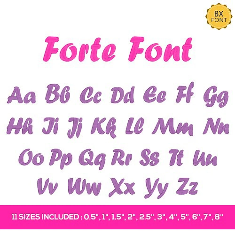 Forte - 11 Sizes Included Embrilliance Embroidery Font - Playful Handwriting Letters - 11 Sizes - BX font