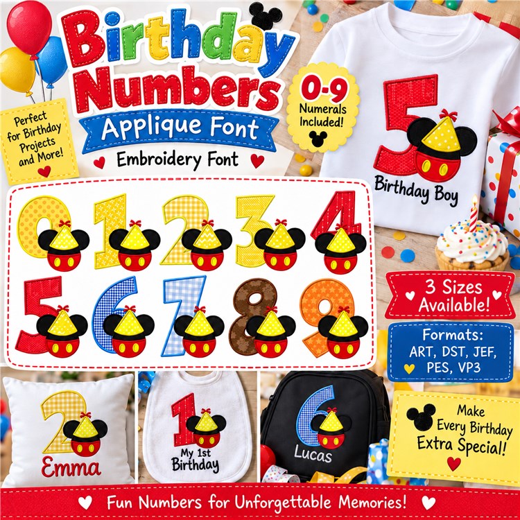 Birthday Mickey Numbers Applique Font - Playful Applique Design - Home Format - PES, DST & 3 formats