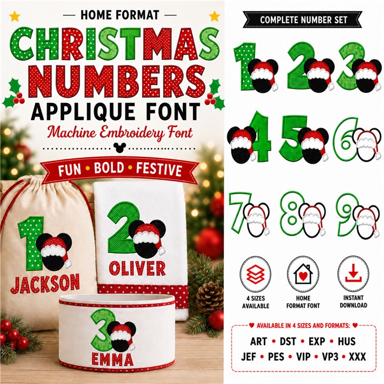 Christmas Mickey Numbers Applique Font - Whimsical Applique Design - Home Format - PES, DST & 7 formats