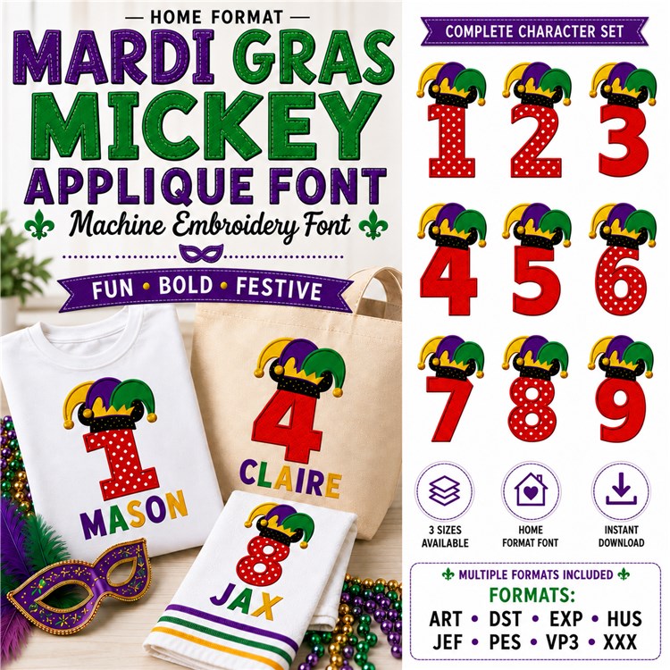 Mardi Gras Mickey Applique Font - Festive Applique Alphabet - 10 Sizes: 2.5" TO 7" - Home Format