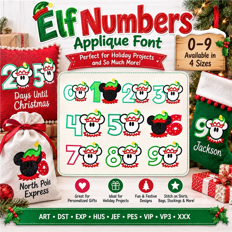 Mickey Elf Numbers Applique Font - Playful Holiday Theme - Home Format - PES, DST & 7 formats