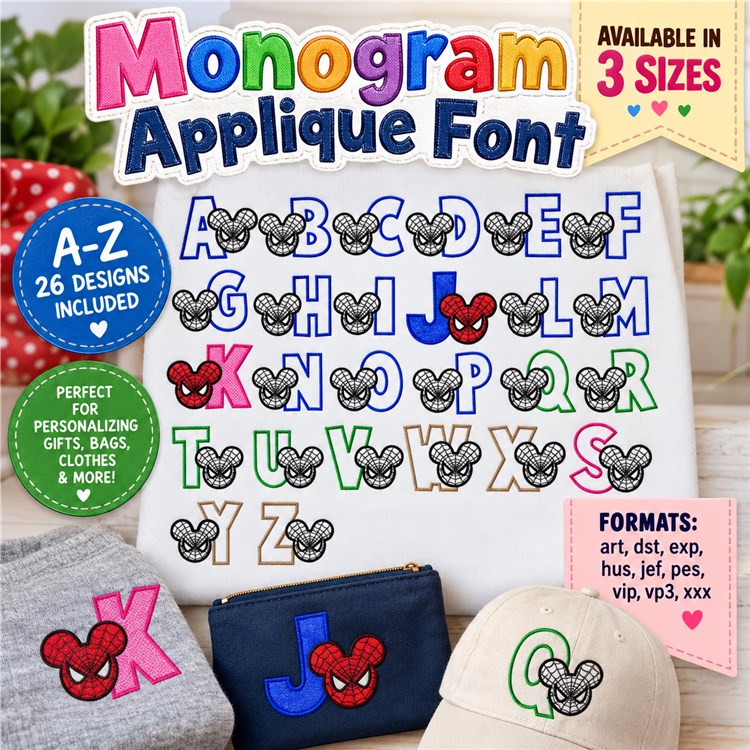 Mickey Monogram Applique Font - Playful Cartoon Alphabet - Home Format - PES, DST & 7 formats