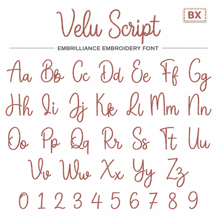 Velu Script Embrilliance Embroidery Font - Elegant Cursive Lettering - BX font