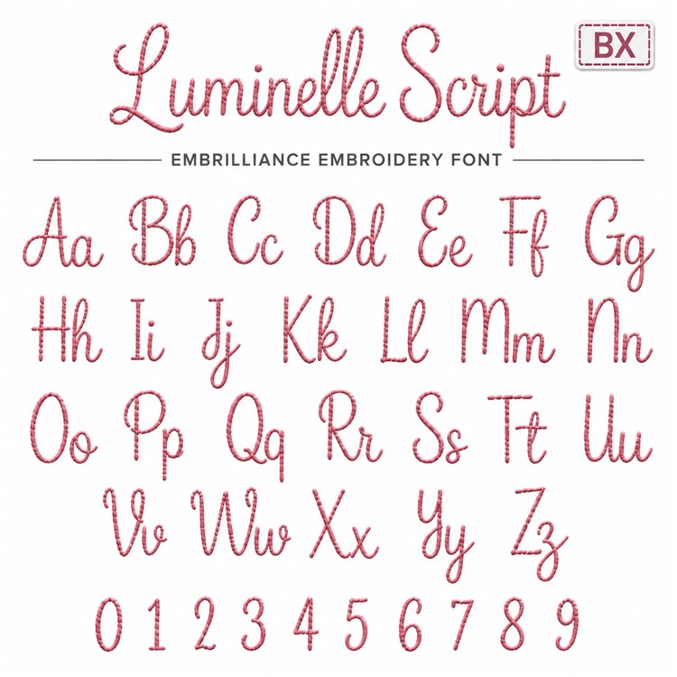 Luminelle Script Emrbilliance Embroidery Font - Flowing Cursive Lettering - Embrilliance font