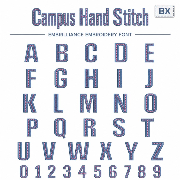 Campus hand Stitch Embrilliance Embroidery Font - Classic Block Letters - BX font