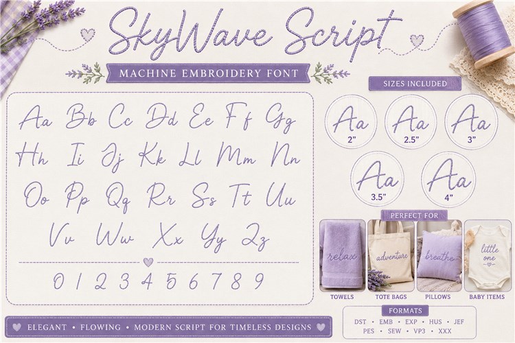 Sky Wave Script Embroidery Font - Elegant Playful Script Lettering - Home Format - PES, DST & 7 formats