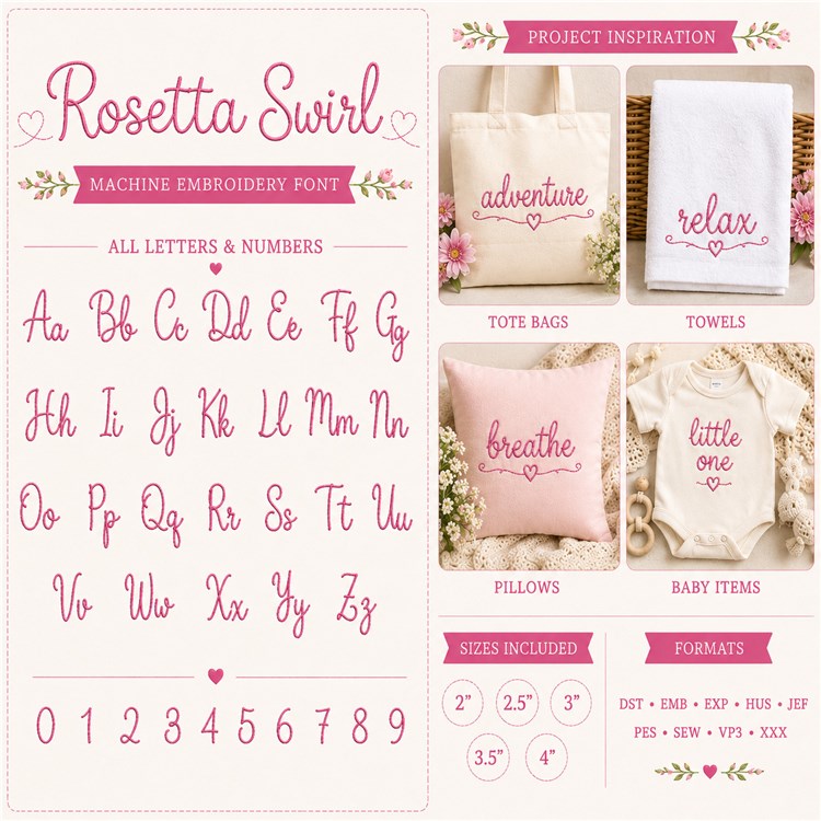 Rosetta Swirl Embroidery Font - Flowing Script Style - PES, DST & 7 formats