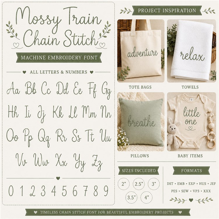 Mossy Trail Embroidery Font - Casual Hand-Drawn Style - PES, DST & 7 formats