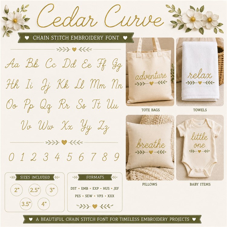 Cedar Curve Embroidery Font - Curly Handwriting Style - 3 Sizes: 2.5" 3" 5" - PES, DST & 7 formats